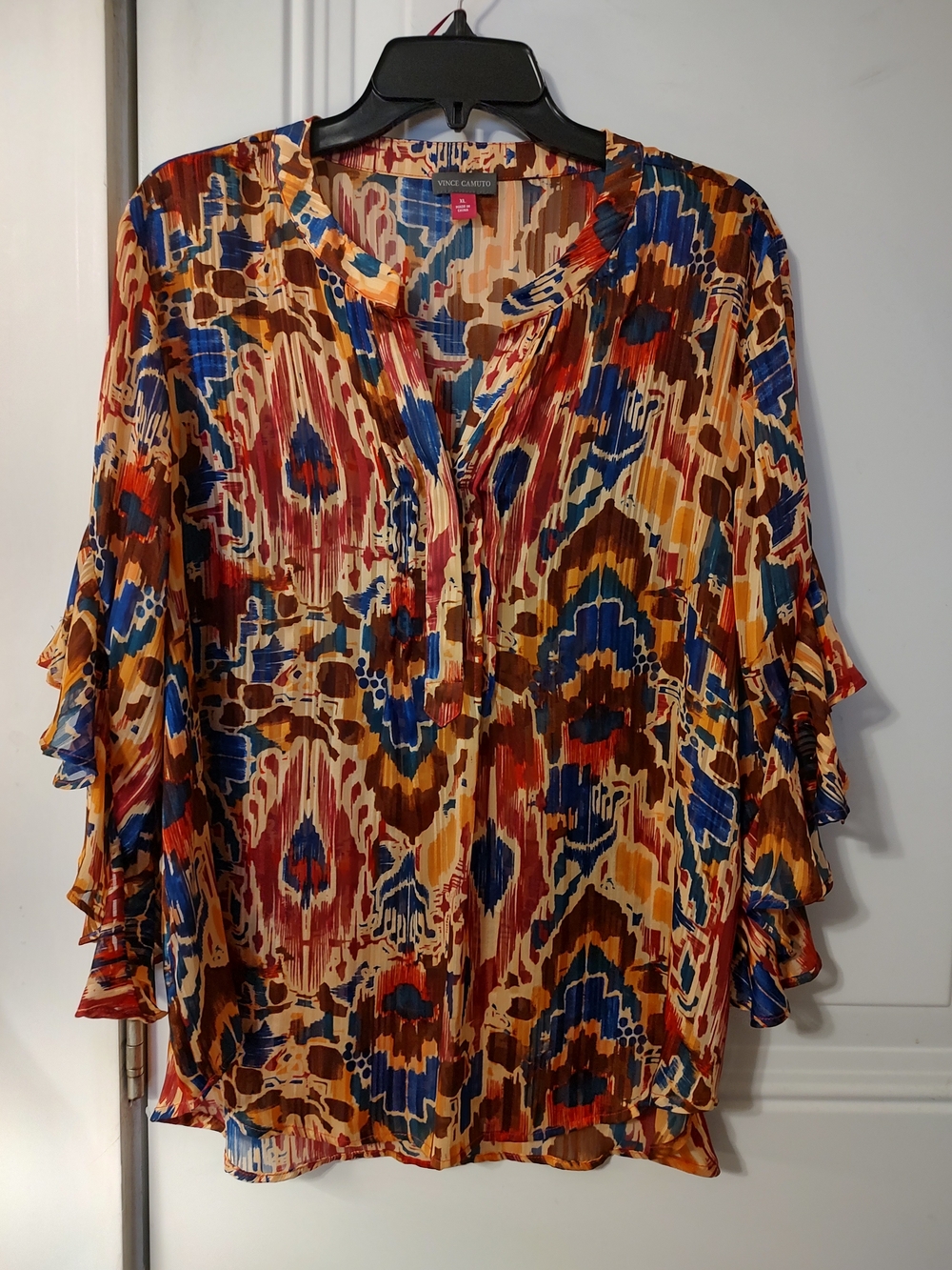 Vince Camuto Multicolor Printed Ruffle Sleeve Blouse - Blue/Red/Brown